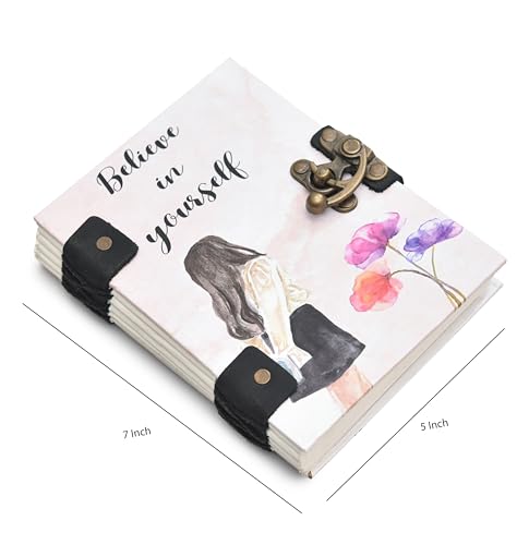 Image of Handmade Motivational Journal | ?Believe in Yourself? Diary with Lock | Vintage 5x7 Inch Recycled Paper Notebook for Women, Writers & Artists