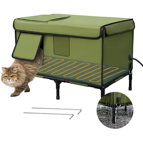 Palopalo Indestructible Heated Cat House for Outside in Winter, 100% Weatherproof, Highly Insulated, Safe Escape Door, Outdoor Cat Shelter with Heater for Feral Stray Barn Cat Kitty, Large Cover