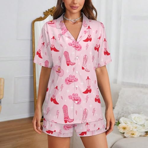 Image of Women Pajamas Shorts Sets Wild West Rodeo Cowboys PJs 2 Piece Button Down Shirt Lounge Pants Set