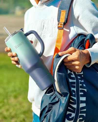 Image of Renoj Insulated Mug 100% Leak Proof Insulated Water Bottle for Iced Coffee & Hot Drinks - Fits Car Cup Holder, Ideal Gift, 2 Straws & Silicone Boot - SnapShift Blue Gradient 32 oz