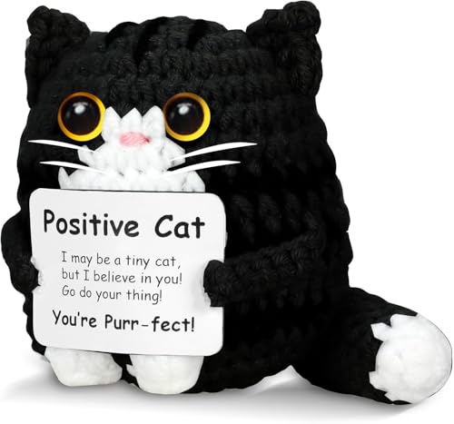 AHANKERE Positive Crochet Cat Animal Emotional Support Crochet Cat Handmade Crochet Animals Lover Gifts for Women Men Handmade Funny Mini Birthday Cute Cat Decor Mom Grandma Daughter Son Friends