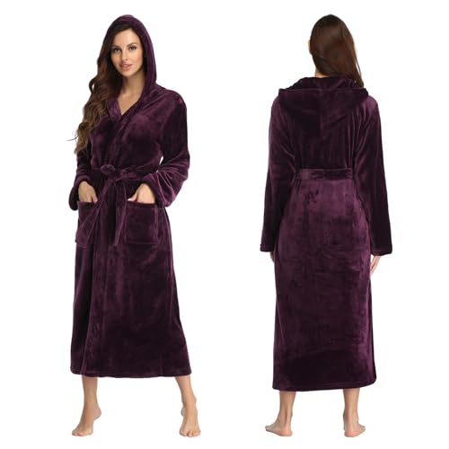 VAODO Womens Hooded Robe Long Flannel Dressing Gown with Pockets and Waistband Soft Long Towel Robes for Women (UAE/KSA Alpha L Regular Regular Deep Purple)