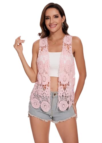 Image of Anna-Kaci Lace Front Open Sleeveless Top Cardigan Crochet Vest Cover up Summer Beachwear
