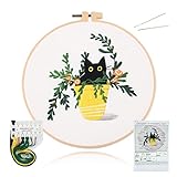 ALLMIRA 刺繍キット 初心者 セット ししゅうキット 刺しゅう クロスステッチ 手作り DIY刺繍工具 刺繍 枠 20CM1本 刺繍糸 刺繍用布1枚 刺繍針2本 英語説明書付き (ねこ イエロー 1個入)