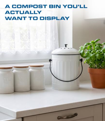 Image of Plexon Countertop Compost Bin with Lid, White 1.5 Gallon Odorless Kitchen Compost Container, Steel Food Compost Bucket for Kitchen with Charcoal Filter, Compost Pail for Kitchen Countertop