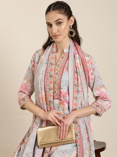 Image of SHOWOFFFF Women Printed Three-Piece Straight Ethnic Kurta Set | Mandarin Collar 3 /4th Sleeves Crepe Kurta Set's for Womens | Mid-Rise Regular Fit Above Knee Kurta Set for Women's