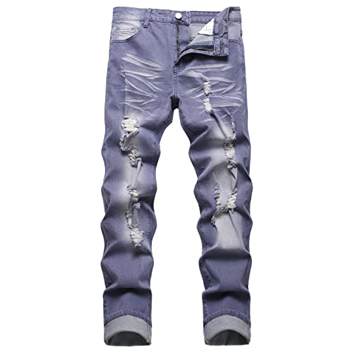 COOSVEN Men's Skinny Ripped Jeans Slim Fit Distressed Stretch Denim Pants (Purple - S2001, 30)