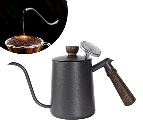 Chaleira de Café Bico de Ganso Com Termômetro, de Aço Inoxidável Com Cabo de Madeira 600ml