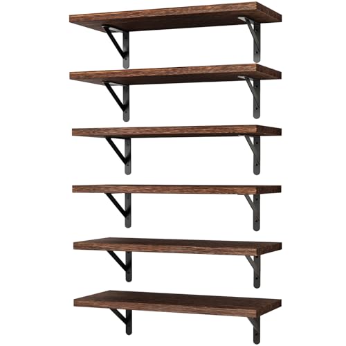 Image of YGEOMER Brown Floating Shelves for Wall, 16.5 Inch Farmhouse Wall Shelves for Bedroom, Bathroom Storage, Living Room and Kitchen Decor (Set of 6 Brown)