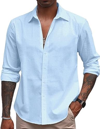 COOFANDY Men's Linen Summer Casual Untucked Shirt Button up Long Sleeve Vacation Shirts Sky Blue