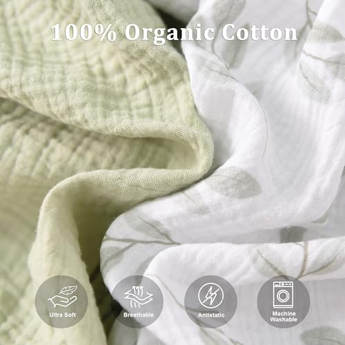 Image of TADO MUSLIN Baby Crib Sheets 2 PCS, 100% Organic Cotton Crib Sheet for Standard Crib Mattress(52 inchx 28 inch), Fitted and Soft Breathable Muslin Crib Mattress Sheet for Girl and Boy (Leaves, Green)