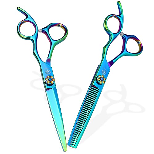 Hair Cutting Shears Set Thinning Texturizing Blending Shears Set Haircut Barber Shears Scissor Kit Professional Shears for Stylist, Hairdresser, Men, Women, Kids Hairdressing Green 2pcs 6 Inch
