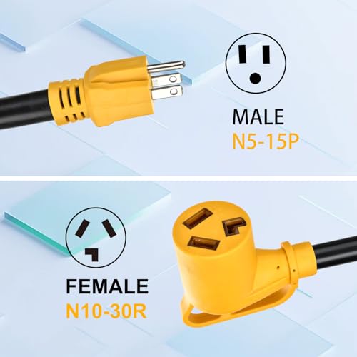 Image of Dryer Adapter Cord, NEMA 5-15P Male to 10-30R Female Power Adapter, Heavy Duty STW 10 Gauge Only for 15 Amp 120V Dryer, 12Inch, ETL Listed（Yellow）
