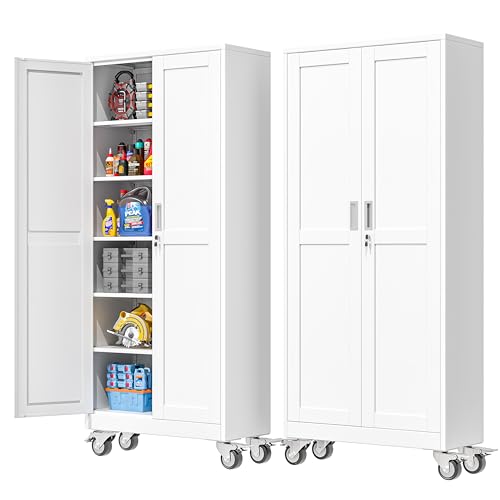 PAOFIN 75''H Metal Garage Storage Cabinet with Wheels,Steel File Cabinets with 2 Doors and 5...