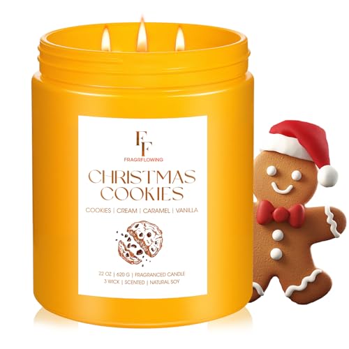 Image of Large Christmas Candle Christmas Cookies Scented, 3-Wick 22oz Long Lasting Scented Candle, Natural Soy Wax Aromatherapy Candle for Home, Holiday Candle Gifts for Women Men