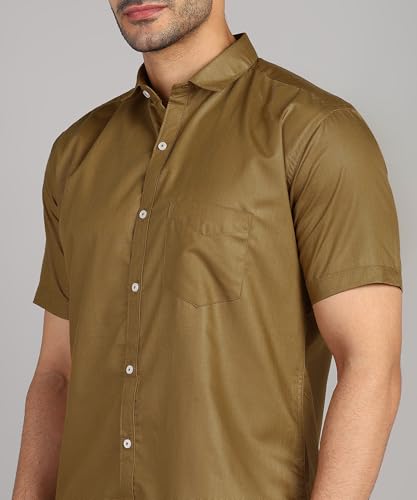 Image of MILDIN Men's Cotton Blend Solid Shirt with Spread Collared Half Sleeve Curved Hemline Button Closure Regular Fit and One Pocket | Half Sleeve Shirt for Men
