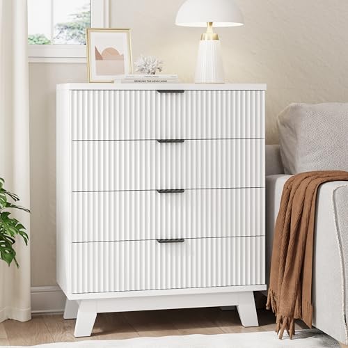 Image of Xixini Fluted Nightstand, 31.5 inch Wide Side Table with 4 Large Storage Drawers, Mid Century Modern Wood Night Stand with Metal Handle, Wooden Bedside End Table for Bedroom, White