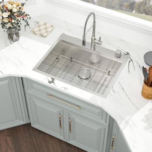 Image of Kichae 25 Inch Drop In Kitchen Sink Workstation - 25 inch x 22 inch Drop-In Kitchen Sink 16 Gauge Stainless Steel Single Bowl Ledge Workstation 25 Inch Handmade Basin