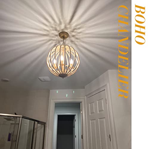Farmhouse Wood Beaded Chandelier, Boho 4-Lights 16.5" Wood Candle Style Chandelier Light Fixture, Rustic Modern White Wood Bead Chandelier for Dining Room, Kitchen Island, Hallway, Bedroom, E12 - Image 5