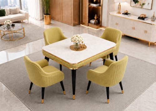 Image of WOODEN SPACE 4 Seater Wooden Dining Table Set | Urban Marble Top Dining Table with Chairs for Dining Room & Kitchen (Modern Zyro Light Green) (54 x 36 x 30 inch)
