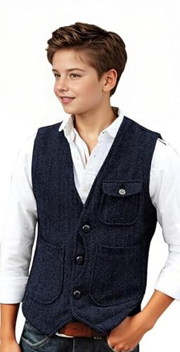 Kids Boys Retro Vests Toddler Casual Herringbone Tweed V-Neck Suit Vest Youth Boy Wedding Slim Fit Formal Waistcoat