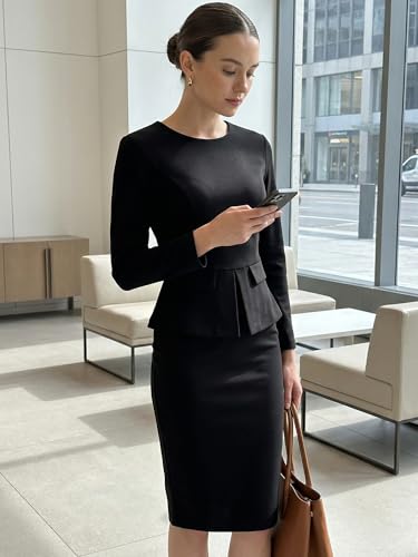 Image of Allegra K Women's Bodycon Dresses Round Neck Long Sleeve Casual Work Outfits Peplum Sheath Dress
