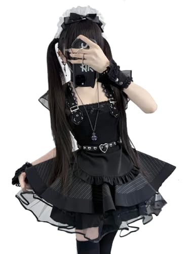 [MODKOKU] メイド服 6点セット ワンピース レディース ゴシック サブカル Y2K 地雷系 セットアップ ストライプ ロリータ服 フリル レース リボン ミニ メード服 コスプレ Lolita ゴスロリ アイドル 衣装 女の子 春 夏 秋 冬 黒 ブラック L [並行輸入品]