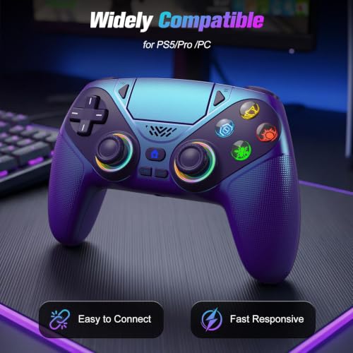 Image of Gamrombo RGB Wireless Controller for PS5 /PC - Bluetooth Gamepad with Turbo, Macro, Dual Vibration, 6-Axis Motion, 3.5mm Audio Jack & 1000mAh Battery