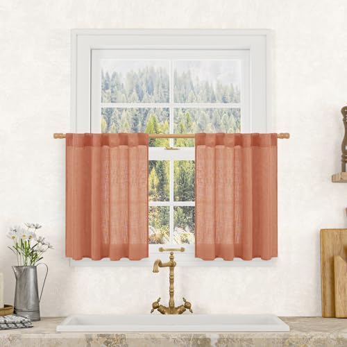 LAMIT Semi Sheer Linen Kitchen Curtains 24 Inch Length, Light Filtering Window Panels Back Tab and Rod Pocket Drapes for Basement/Small Windows, Terracotta, 25 x 24 Inch, 2 Panels
