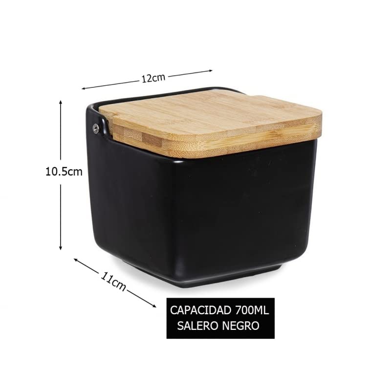 D,casa Salero Cocina Ceramica con Tapa Madera para Cocina Factory - Negro - 700 ml