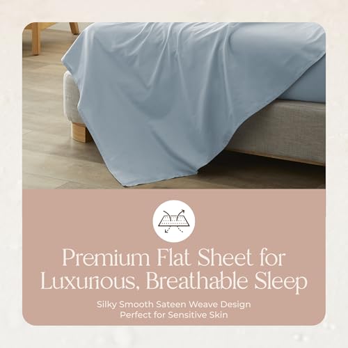 Image of Certified Organic King Flat Sheet Only - 100% Organic Cotton Top Sheet with Luxurious Soft and Breathable 300 Thread Count Sateen Weave Finish - GOTS & Fairtrade Certified (Powder, King)