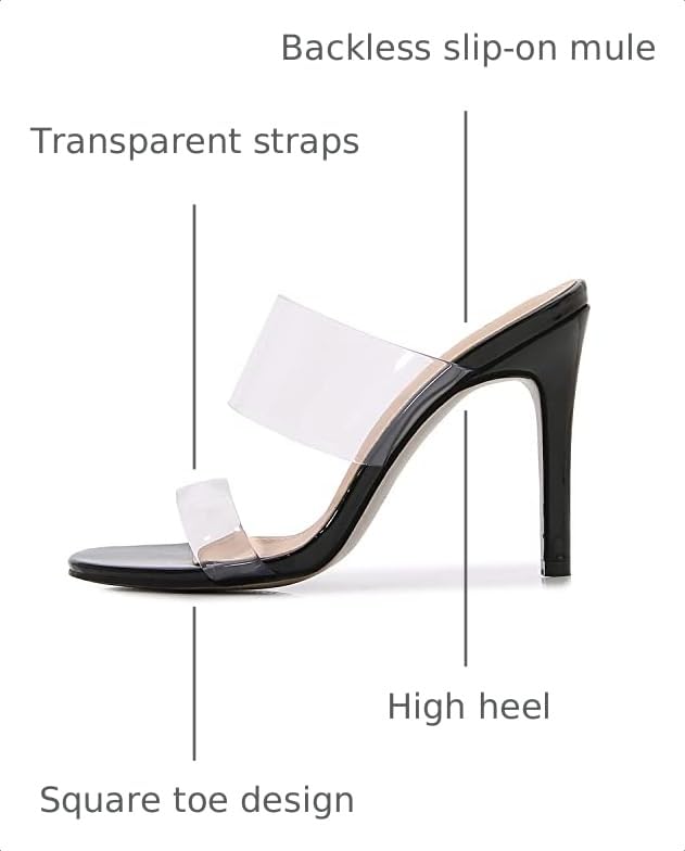 Image of Husmeu Women's Clear Heeled Sandals Square Toe Two Strap Stiletto Mules | Clear Sandals for Women Dressy, High Heeled Sandal, Transparent Strap, Backless Slip on Heeled Sandals