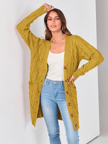 Image of PRETTYGARDEN Long Sleeve Cable Knit Long Cardigan for Women 2026 Spring Winter Chunky Open Front Button Sweaters with Pockets