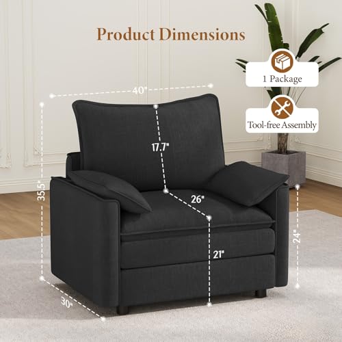 Image of Vesgantti 40 inch Single Seat Sofa, Comfy Cloud Couch Deep Seat Upholstered Couch Chenille Modern Sofa with Armrest Pillows, Easy Assembly for Living Room, Bedroom and Apartment, Black
