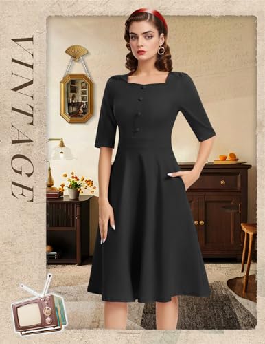 Bbonlinedress Vintage Cocktail Dress Women Formal Wedding Guest Church Modest Square Neck Tea Dress with 3/4 Sleeve2