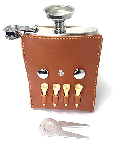 Two New 8 Oz Golf Flask Stainless Steel | Screw Cap Hip Pocket With Funnel | Includes Golfer Tees & Divot Tool #TOP2