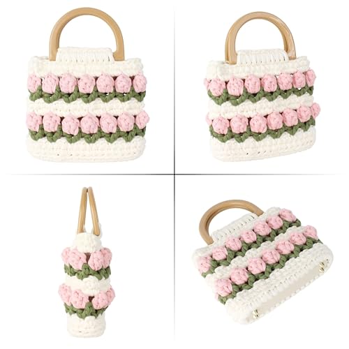 Women's Handbag Yarn Crochet Top Handle Purse Cute Tulip Handmade Beaded Crossbody Shoulder4