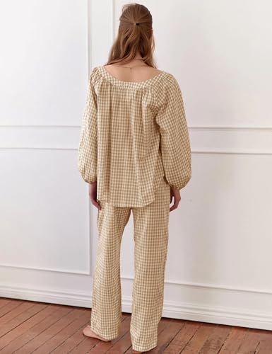 Flygo Womens Gingham Pajama Set 2 Piece Cotton Plaid Raglan Sleeve Button Top Straight Leg Pants Pjs Y2K Lounge Set Sleepwear3