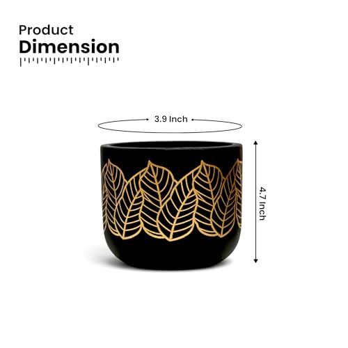 Image of Urban Plant Dark Shilp Virasat Terracotta Pot with Drainage Hole (5 Inch) | Hand-Painted Black & Gold Leaf Design Clay Planter | Indoor Decorative Plant Pot for Tabletop, Living Room & Gifting