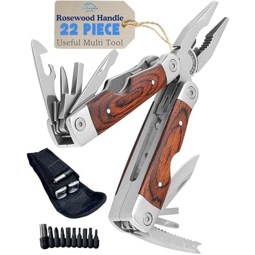 Rosewood Multi Tool, 22 in 1 Tools, Tough Multitool Belt Pouch, Needle & General Pliers, Screwdrivers – Phillips & Flathead, 10 Piece Bit Set, File, 2 Inch Rule, Can Opener, Bottle Opener