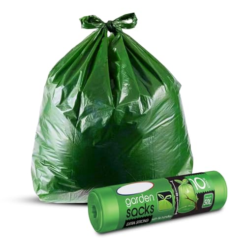 Lot de 10 sacs résistants pour déchets de jardin, avec poignées, en plastique, 50 l, 89 x 120 cm, vert