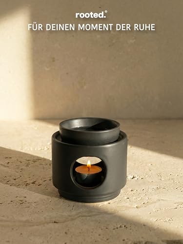 rooted.® | Duftlampe Ambiente Teelicht | Design Aromalampe aus Keramik | Stövchen für ätherische Öle, Duftöl und Duftwachs | Matt Schwarz | Deutsche Markenqualität …