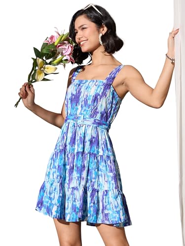 Image of barcino Blue Brush-Stroke Print Belted Short Dress