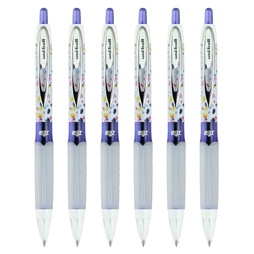 Uniball 207 Bolígrafo de gel retráctil de diseño, abstracto artístico, punta media (0.7 mm), tinta violeta, 6 unidades
