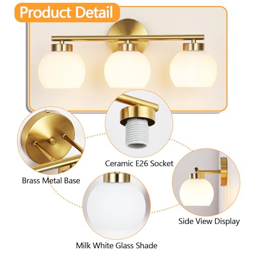 Image of 3 Light Bathroom Vanity Light, 20 inch Brushed Gold Bathroom Light Fixtures Over Mirror with Milky White Glass Globe Shade, Mid Century Modern Brass Wall Sconces, E26 Socket