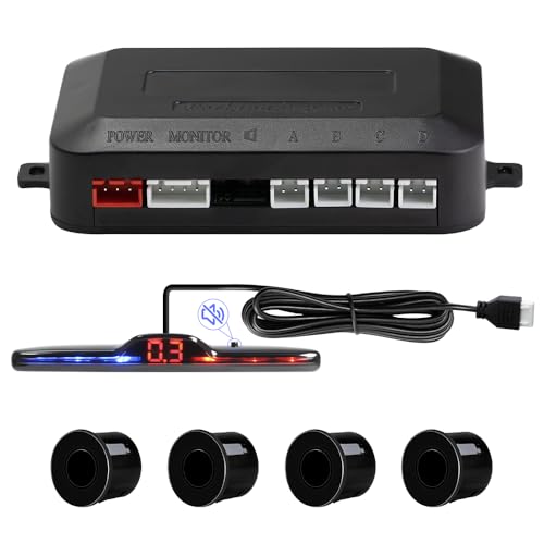 Einparkhilfe, Rückfahrhilfe mit 4 PDC Parksensoren hinten, Summe Abstandswarn Bausatz mit Einstellbarer Lautstärke LED Display für Auto, SUV, Van, Wohnmobile und Pickup