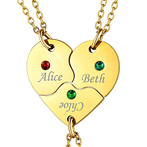 Custom4U Personalized Gold BFF Necklace for 3 Pcs Split Heart Matching Friendship Couple Necklaces 14k Gold Plated 925 Sterling Silver Pendant Custom Gifts for Best Friend Women 1.5-Heart-St