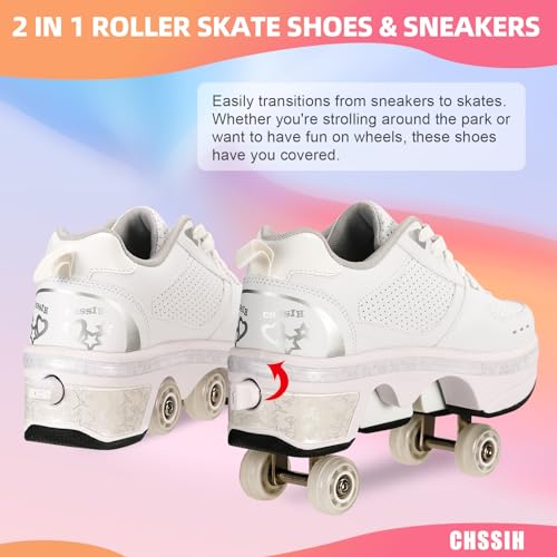 Image of Roller Skates for Women /Girls, Retractable Kick Roller Shoes with Wheels for Men, Outdoor Quad Wheel Rink Skates Adjustable Deformation Sneakers for Adult /Boys