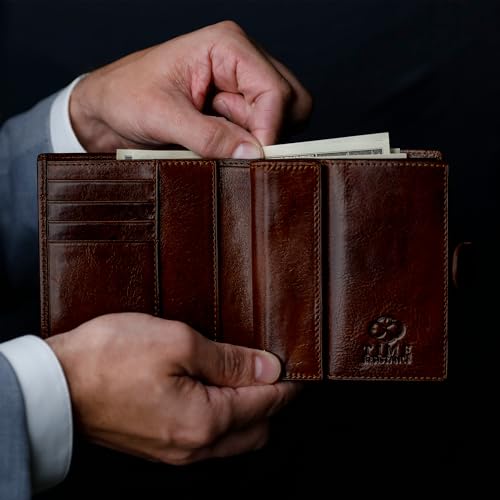Time Resistance Men's Leather Wallet - Minimalist Wallet Design with Credit Card Holder, Magnetic Coin Holder, Cash Slots - Secured with a Metal Snap Button Closure (Brown)2
