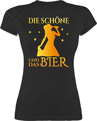 Shirt Damen - Party & Alkohol - Die schöne und das Bier trinkende Frau Bier gelb - L - Schwarz - Tshirt Malle Partyshirt Sauf Spruch t-Shirts Geschenke für Biertrinker lustiges trinkshirt Alki